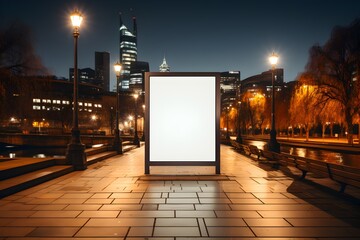 A blank white billboard mockup set on a pavement, framed by trees and skyscrapers illuminated against the night sky