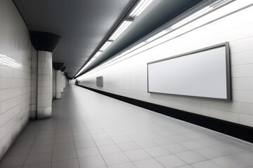 Clean and empty underground hallway or subway station with white tiles and blank advertisement boards on the walls