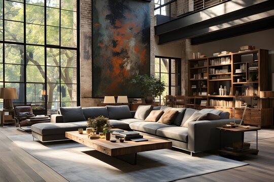 A modern, spacious living room with high ceilings, large windows, and a mix of wooden and contemporary furniture