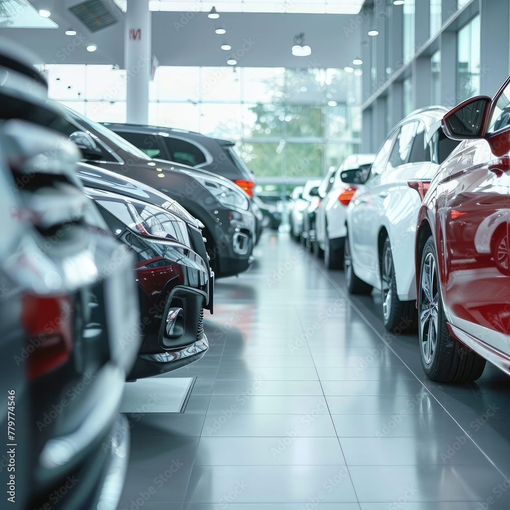 Poster a wide shot of rows of cars neatly lined up in a showroom.