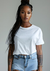 Portrait of young beautiful African American woman with beautiful lips and ponytail in white t-shirt isolated on grey background