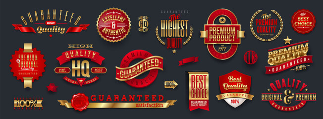 Set of golden quality and guaranteed signs, emblems and labels. Vector illustration.