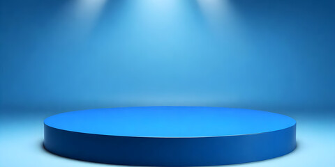 A blue podium stands under a bright spotlight against a blue background