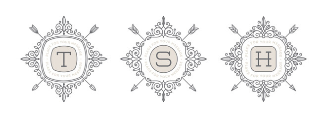 Set of flourishes calligraphic elegant ornamental emblems with arrows. Vector illustration. Elements for logo or identity design.