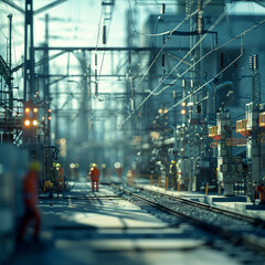 High Voltage Substation, concrete structures, intricate wiring, bustling workers, clear day, realistic photography, Sunlight, Depth of Field Bokeh Effect