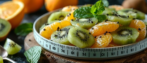 To slim down, a fruit salad with kiwi, banana, and orange is served on a wooden board along with a centimeter measurement - obrazy, fototapety, plakaty