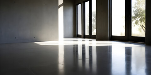 An empty room with tall, expansive windows and walls made of concrete materials