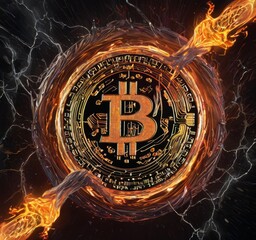 Digital art showcasing a Bitcoin coin at the center of electric and fiery rings, indicating high energy and the dynamic crypto market. AI generation