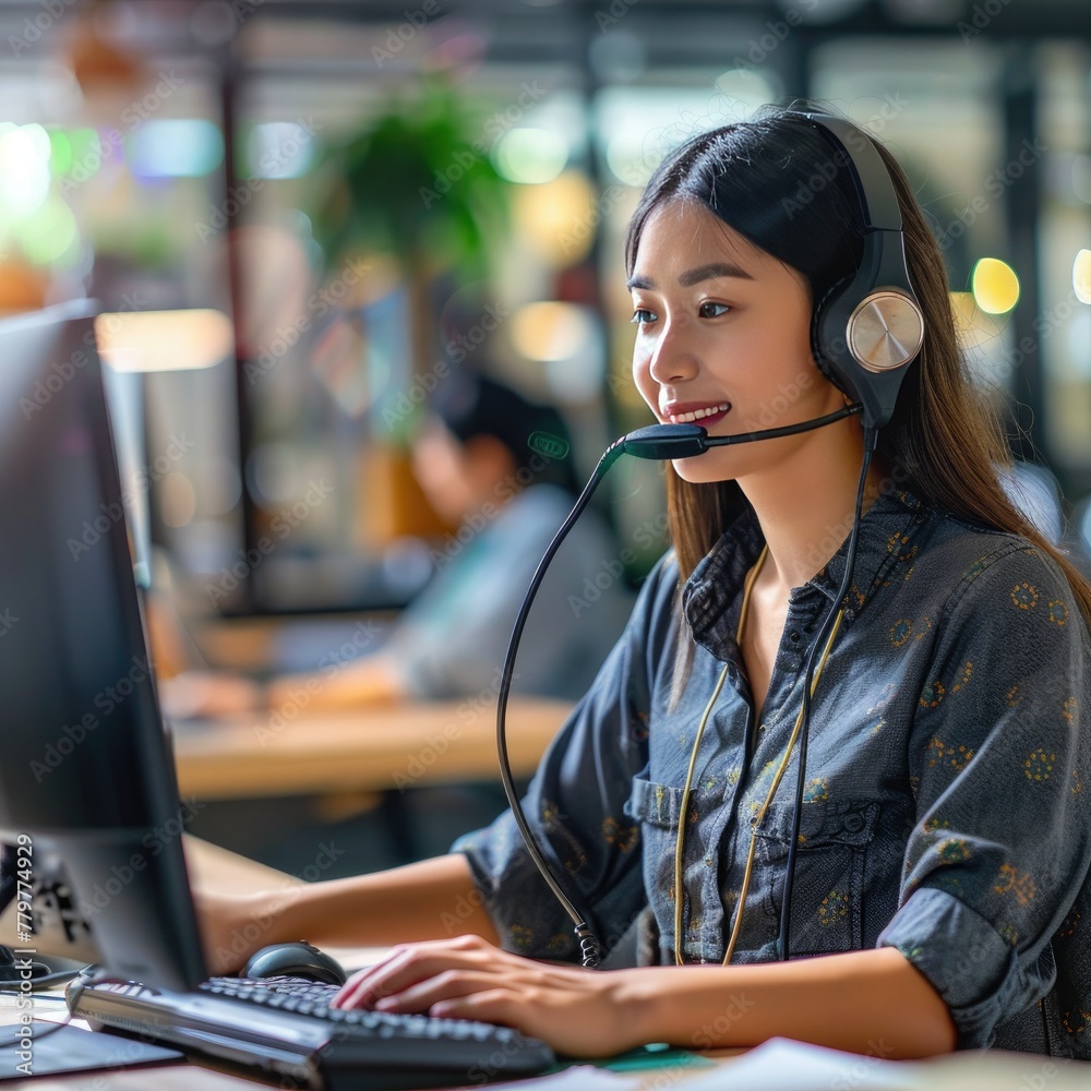 Poster An employee working on a customer support ticket, resolving issues over the phone. 