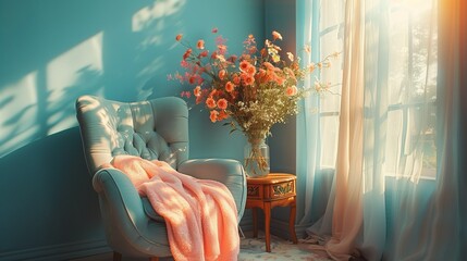 Chair in pastel colored room interior