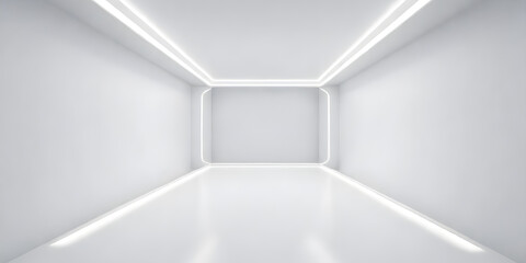A minimalist room with white walls and bright lights, devoid of furniture or decoration