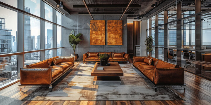 veduta panoramica dell'interno di una sala di attesa di un ufficio open space in un grattacielo, sfondo di palazzi che si vedono tramite le finestre