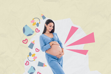 Fototapeta premium Creative abstract template collage of charming girl hug belly pregnant mother day love celebration concept unusual fantasy billboard comics