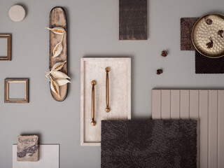 Creative flat lay composition with textile and paint samples, panels and cement tiles. Stylish...