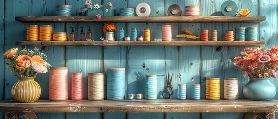 Seamstress' interior design. Set of thread reel, centimeters, fabric, needles and pins for sewing and needlework on wooden shelf, thimble and scissors, seam ripper, toothed wheel, needles for sewing