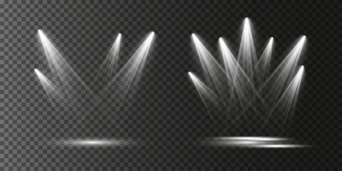Vector light sources, concert lighting, stage spotlights set. Concert spotlight with beam, illuminated spotlights for web design illustration
	