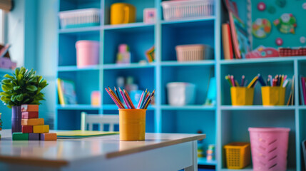 A colorful classroom with a yellow pencil holder on a white desk