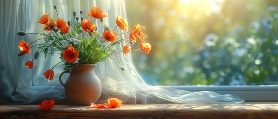 Workshop with artistic equipment and a composition of poppies with tulle fabric and daisies in a clay jug in the interior. - obrazy, fototapety, plakaty