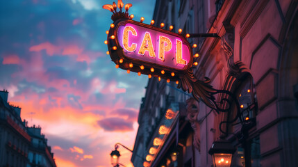 Illuminated Parisian hotel sign taken at dusk - obrazy, fototapety, plakaty