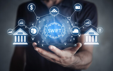 Concept of SWIFT.  Financial technology. Banking. Payment system