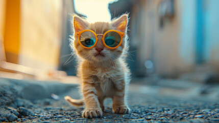 A kitten wearing sunglasses and standing on a sidewalk
