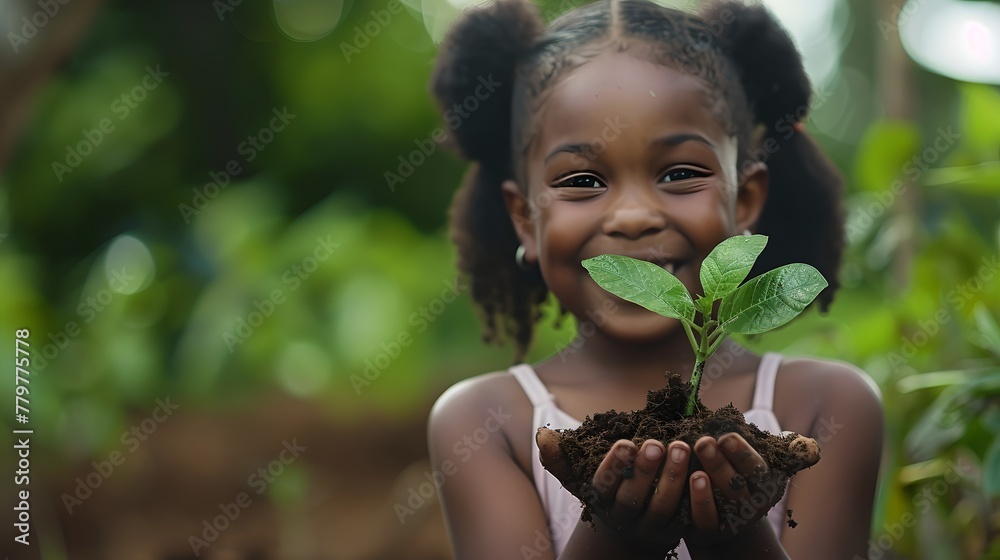 Sticker Joyful Young Girl Holding a Young Plant with Care and Smiling in a Garden Setting. Kids and Nature Connection. AI