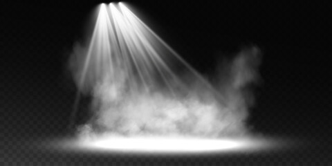 Dark stage on transparent background, white light from spotlight, empty dark stage and studio room with floating smoke. For product demonstrations.	