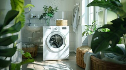 Bright laundry room with modern washing machine and indoor plants. - obrazy, fototapety, plakaty