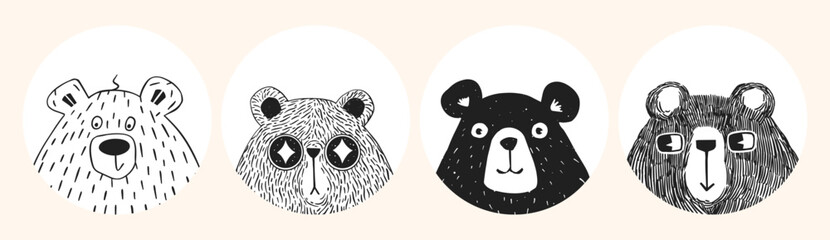 Set of various cute bear heads in a round frame. Trendy vector illustration. - 779775758