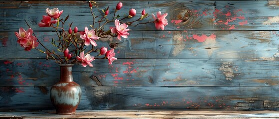 With Magnolia in bloom and orchid in the background of rustic wooden planks in shabby style. - obrazy, fototapety, plakaty