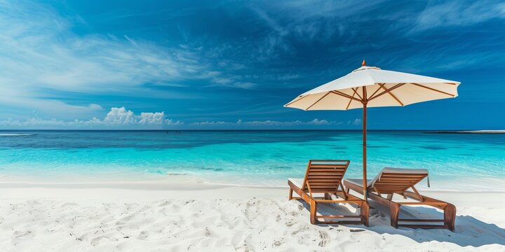 Tranquil beach scene with sun loungers and umbrella on white sand