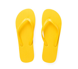 Bright yellow flip-flops isolated on white, top view