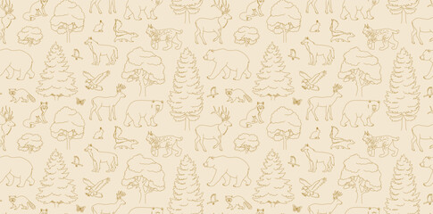 Forest animal vector seamless pattern. Animals and trees line art illustration. Gold elegant outline wallpaper design. Warm color background.