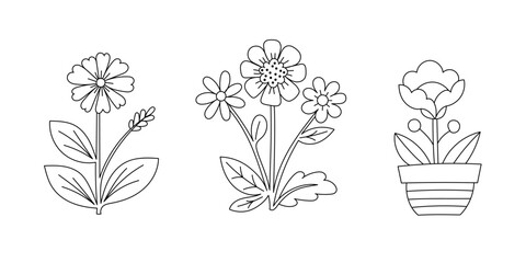 Kawaii line art coloring page for kids. Kindergarten or preschool coloring activity. Cute flowers vector illustration - 779775971