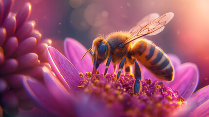 Animal photo, close-up photo, bee collecting nectar from a flower.