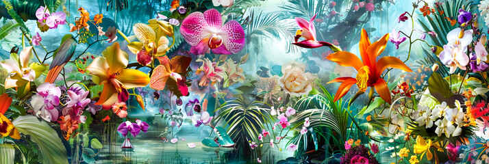 Tropische Pflanzenwelt mit bunten Blumen - obrazy, fototapety, plakaty