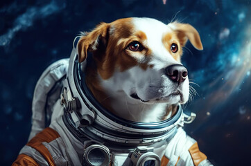 A dog in a spacesuit in outer space. AI generation.