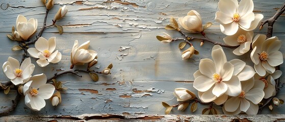 On a rustic wooden plank background, white magnolia flowers bloom.