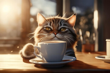  Cute Cat withcup of coffee background. - obrazy, fototapety, plakaty