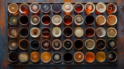 A variety of beer samples in small glasses arranged on a rustic tray.