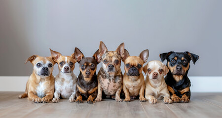 Several small dogs sit in row against grey wall background displaying variety of coat colors