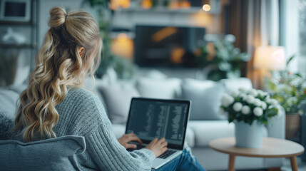 Woman with braided hair works on laptop in cozy living room with soft lighting. Comfortable home office setting with modern decor and relaxed atmosphere