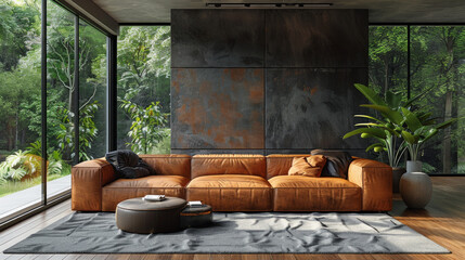 A living room with a large brown couch and a potted plant - obrazy, fototapety, plakaty