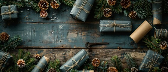 Workplace for preparing handmade new year decorations. Christmas background. Packed gifts, scrolls, and spruce branches on shabby wooden table. Top view. - obrazy, fototapety, plakaty