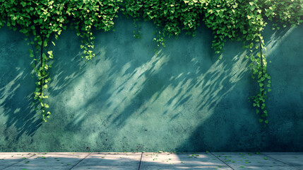 Ivy clad wall with shadows casting dramatic lines on surface with empty copyspace. Scene is vibrant yet peaceful embodying serene outdoor ambiance