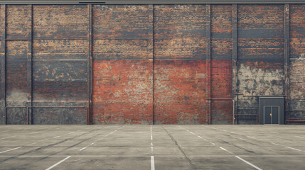 Empty urban parking lot with distressed red and brown brick wall, marked lines on concrete. Stark setting evokes sense of abandonment and rugged urban texture