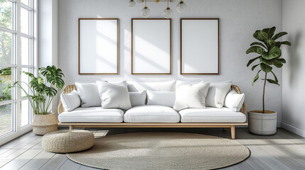 Modern living room with white sofa, round rug, and plants, bathed in natural light from large windows. Empty frames on wall await artful customization
