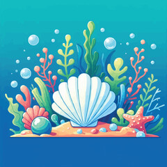 Obraz na płótnie Canvas Free vector Open Pearl shell and seaweed in ocean cartoon vector icon illustration. nature object isolated flat