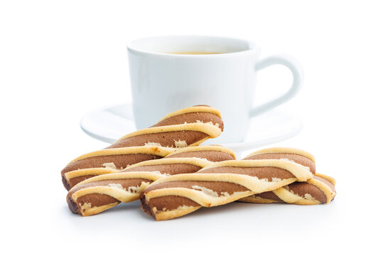 Classic Striped Cookies and coffee cup isolated on white background.