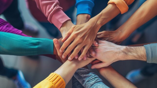 Diverse team stacking hands in gesture of unity and teamwork